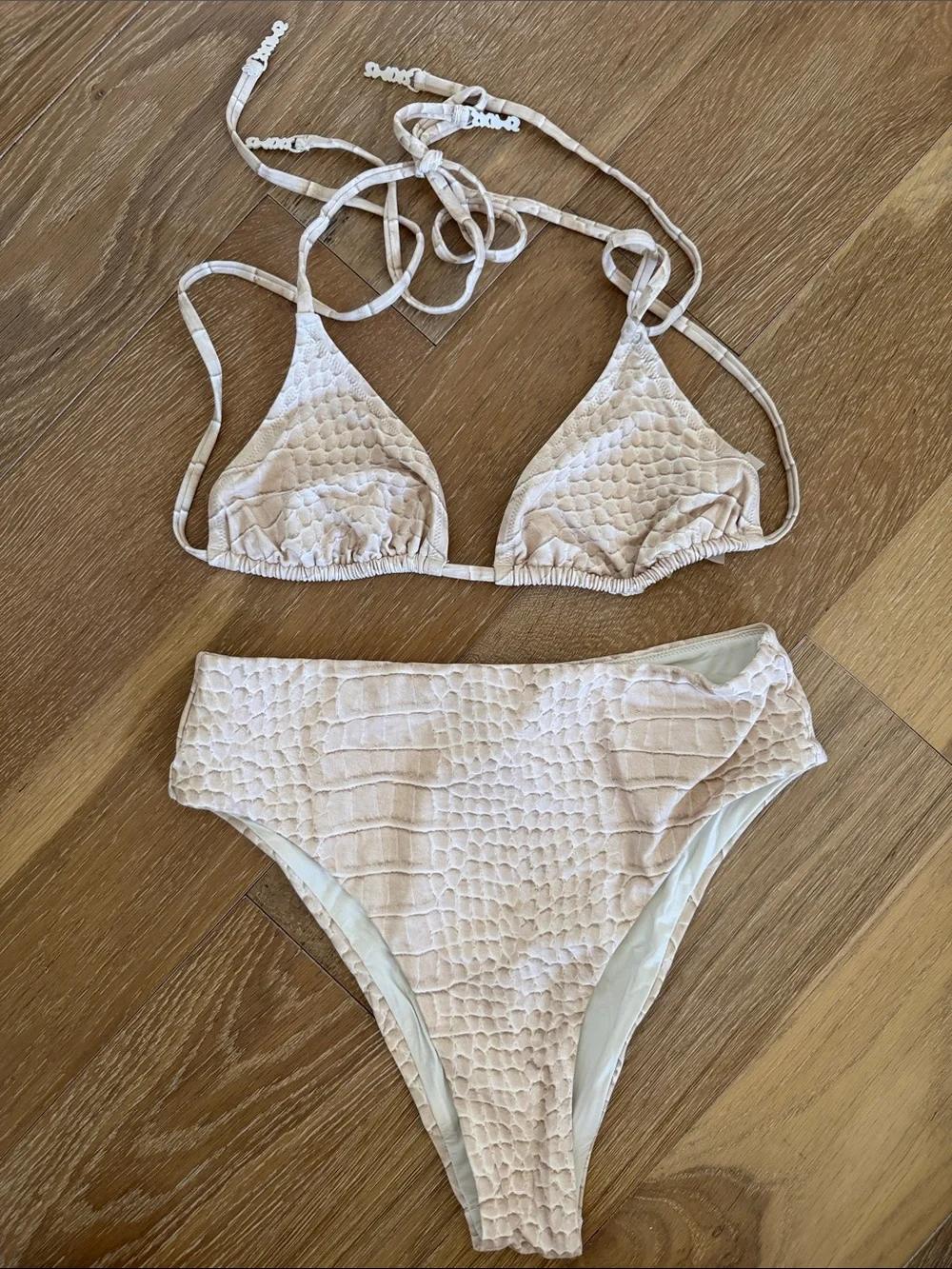 SKIMS Signature Swim Triangle Bikini Top and High Waist Bottoms in Ecru Croc